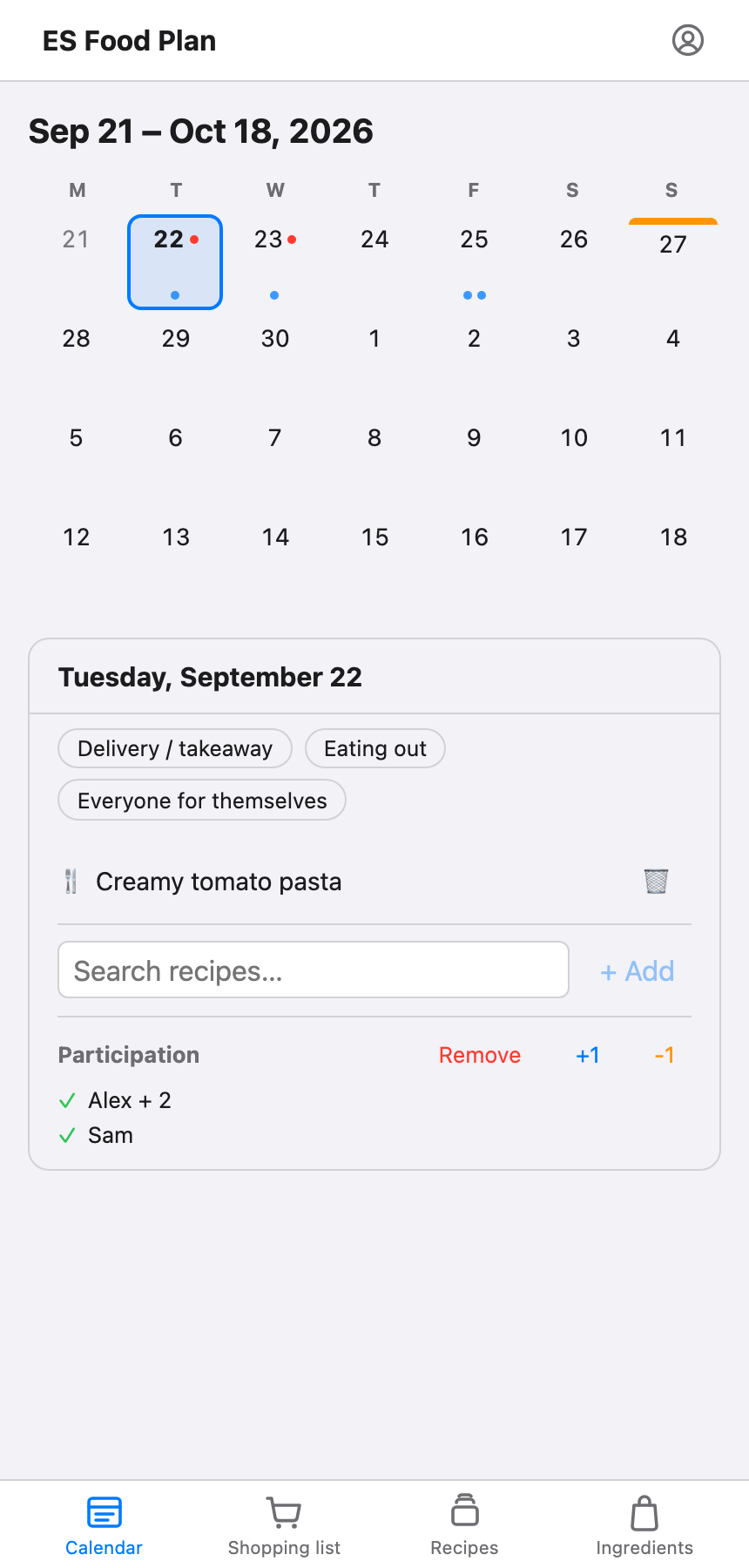 The ES Food Plan calendar grid with a red participation dot on two days, an orange day marker on another, and an open day panel showing a planned recipe.