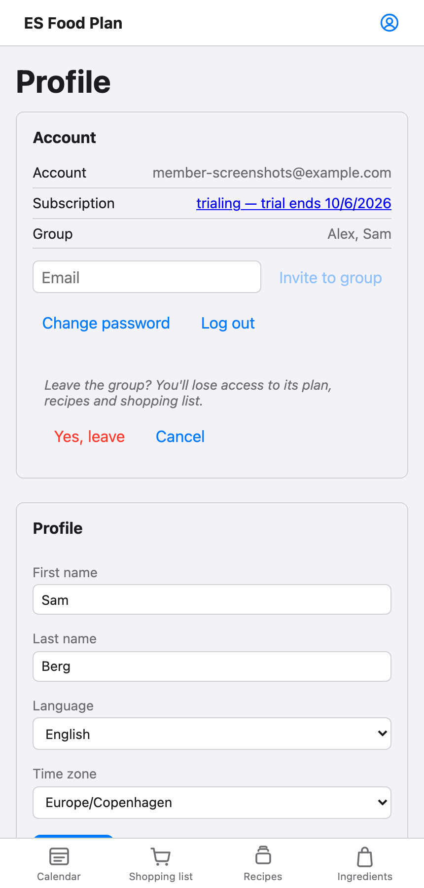 The Leave group confirmation, with the warning text and Yes, leave / Cancel buttons.