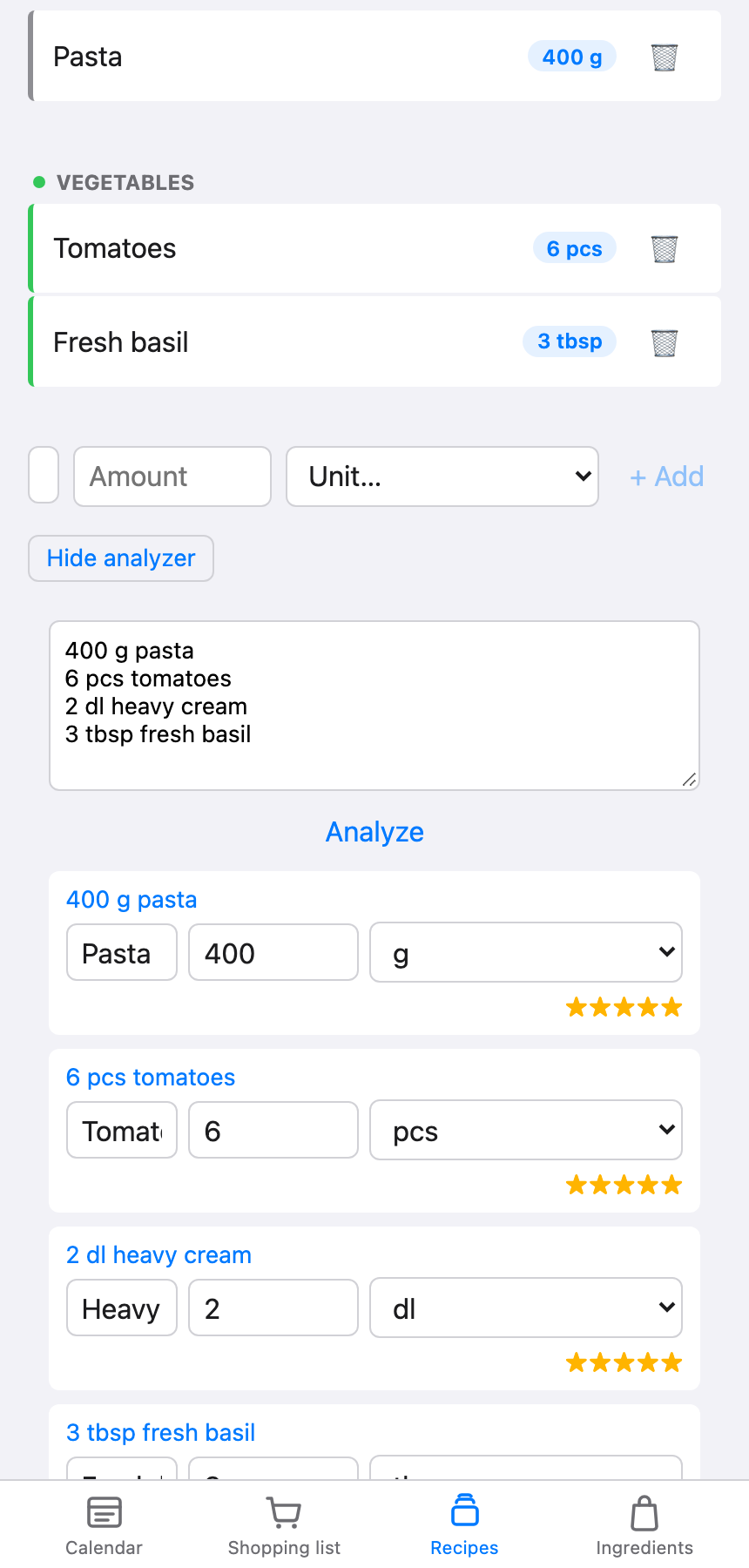 The ingredient analyzer showing pasted recipe text and a matched results list, with each line offering an ingredient picker, amount and unit to confirm before applying.