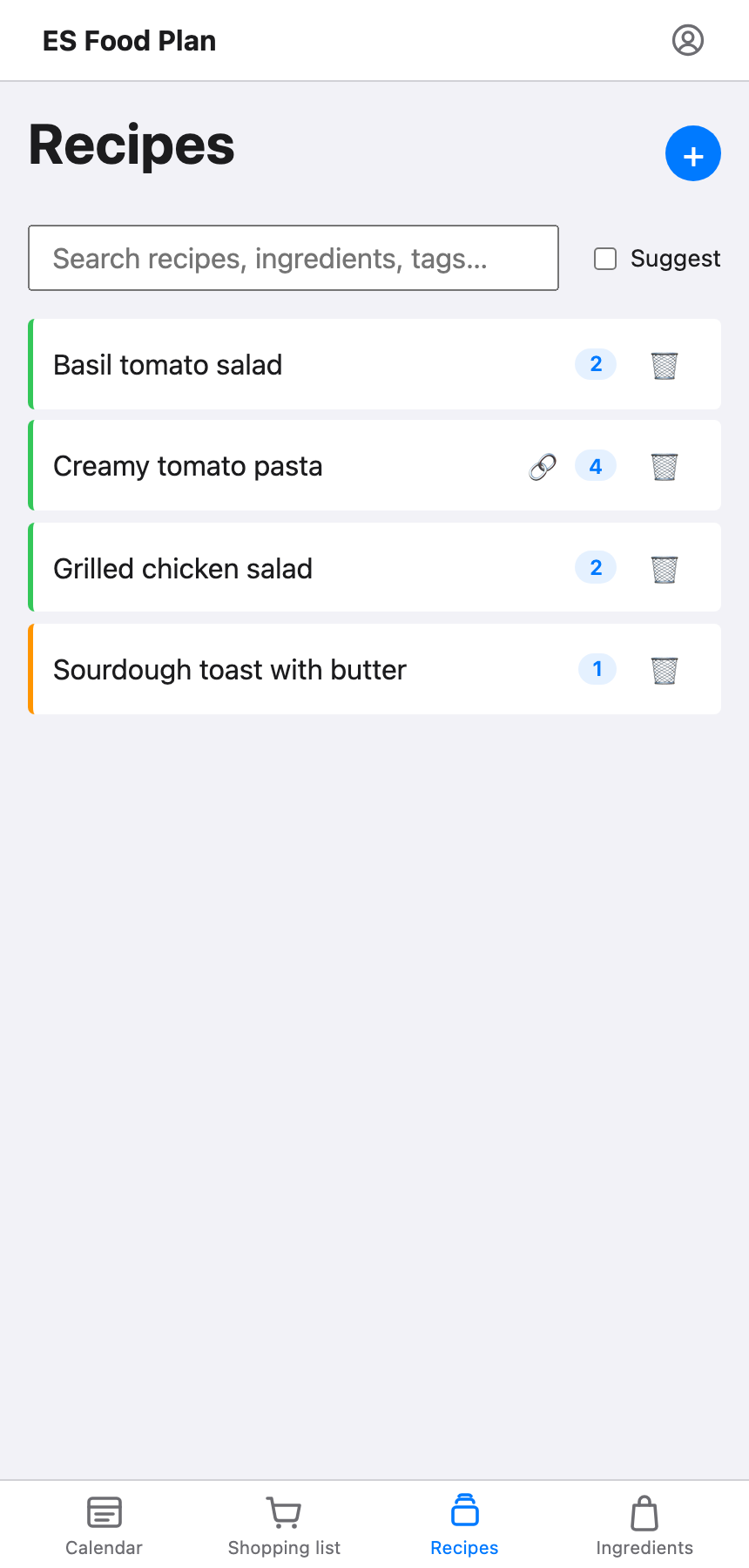The recipes list, showing three recipes with an ingredient count and a link icon on the one added from a source URL.