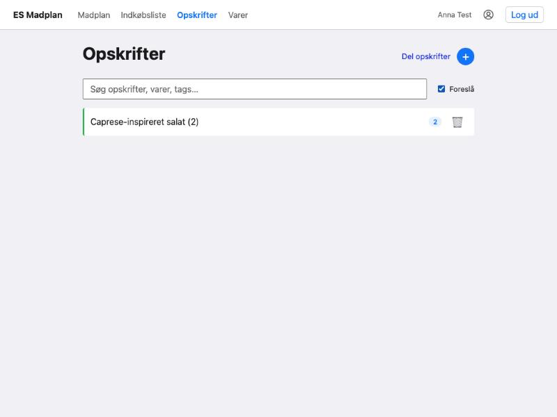 Opskriftssiden med Foreslå slået til, der viser en ikke-planlagt opskrift med et overlap-antal i parentes ud fra det, der allerede er planlagt.