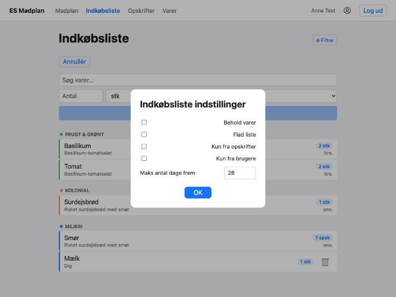 Indkøbslisten med filterpanelet åbent, der viser afkrydsningsfelterne Behold varer, Flad liste, Kun fra opskrifter, Kun fra brugere og et felt for maks. antal dage frem.