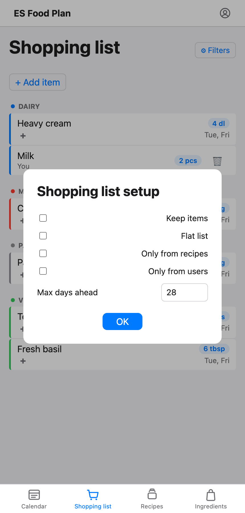 The shopping list with the Filters panel open, showing Keep items, Flat list, Only from recipes, Only from users checkboxes and a Max days ahead field.